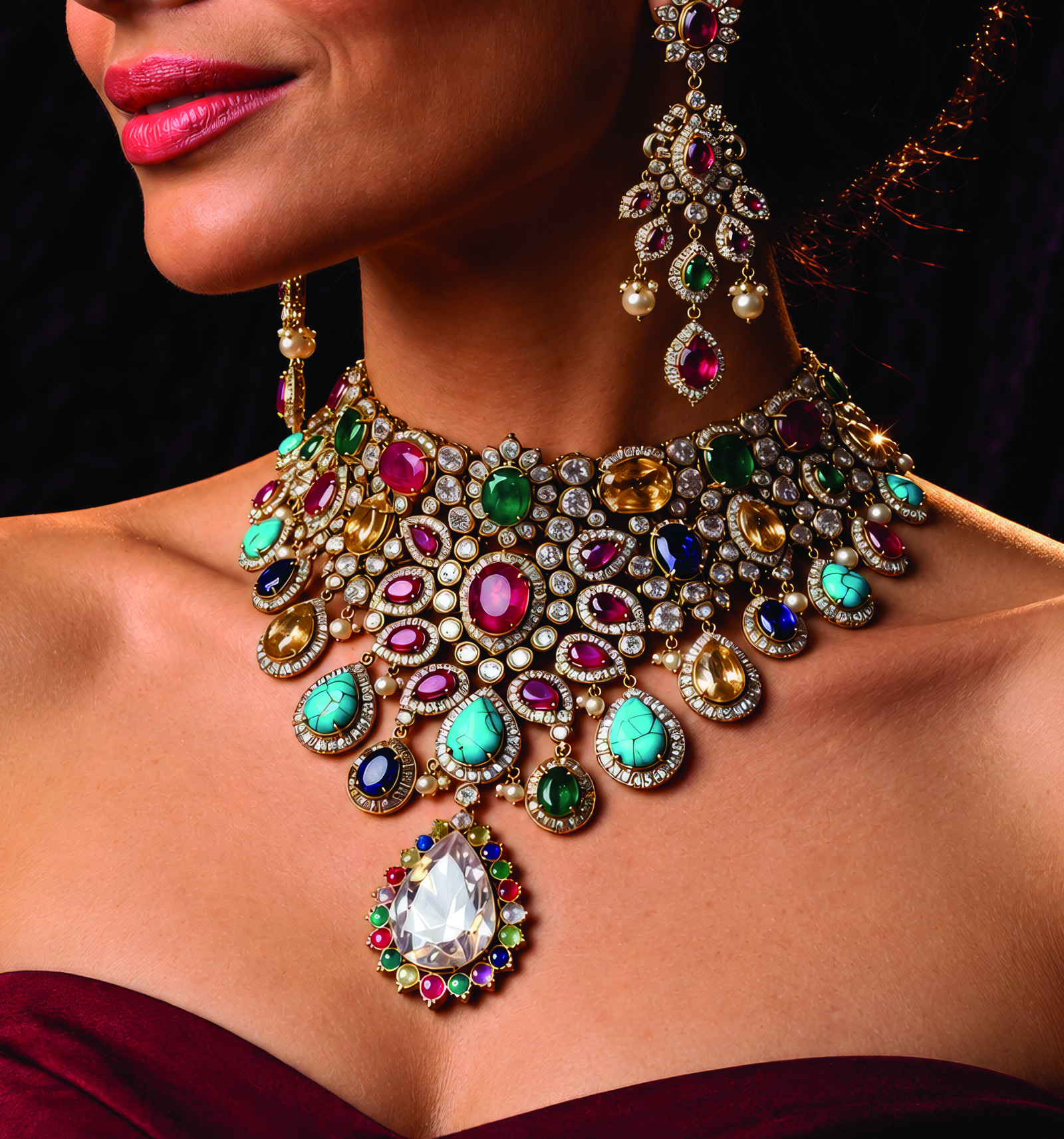 Colourful gemstone necklace and matching statement earrings from Guddi’s Jewellery